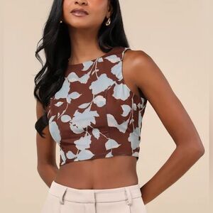 NWT Lulu’s Brown Floral Mesh Cutout Tie-Back Crop Tank Top - L